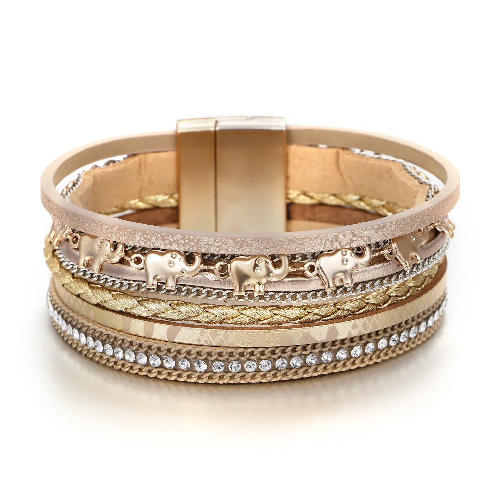 Fashion Elephant Pendant Hand-woven Leather Bracelet Ladies Ins Style with Rhinestone Magnet Clasp Bracelet