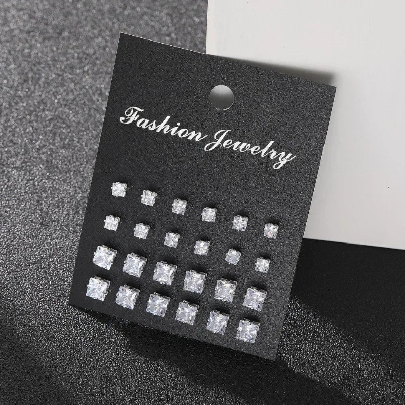 12 Pairs of Fashionable and Simple Square Zircon Earrings Set for Both Men and Women, Suitable for Daily Wear