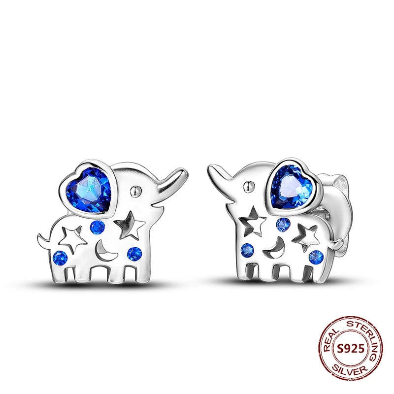 Unicorn Earrings 925 Sterling Silver Original Zircon Elephant Feather Dog Cat Blue Star Small Earrings For Women Jewelry Gift