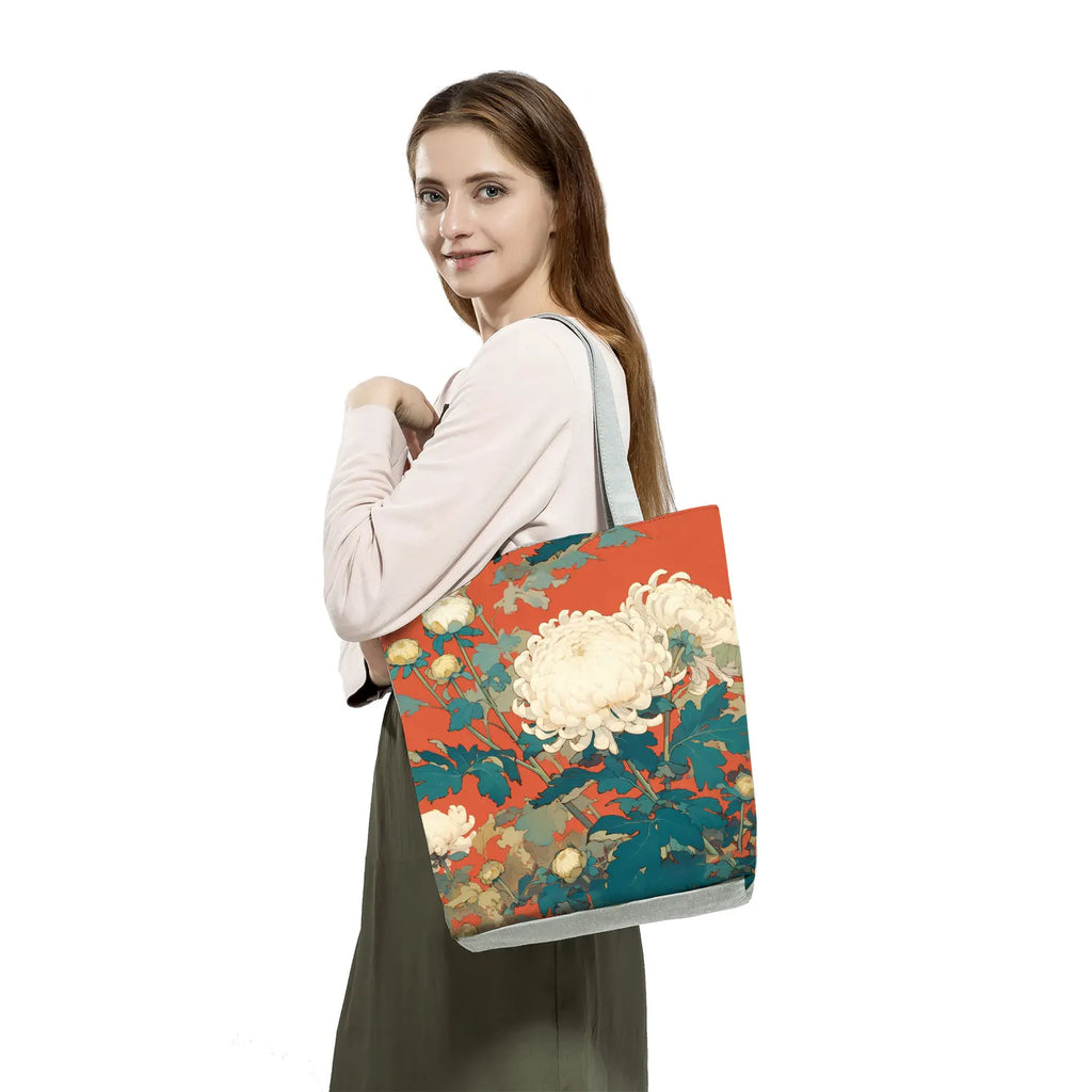 Japan Ukiyoe Print Handbags Groceries Kimono Woman Shopping Bags Women Large Capacity Shoulder Bag Chrysanthemum Portable Tote