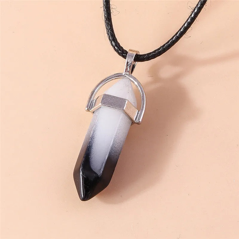 Natural Stone Quartz Lapis Opal Amethyst Pink Crystal Stone Hexagonal Column Pendant Necklaces Leather Chain Bullet Necklace