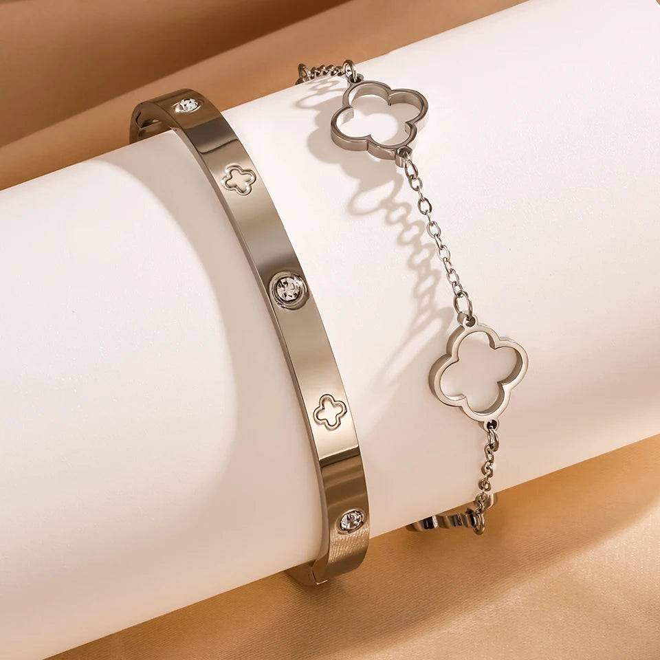 3PCS French Lucky Clover Women's Bracelet Set High Quality Stainless Steel INS Hot Selling Bracelet Charm Feeling Jewelry Gift
