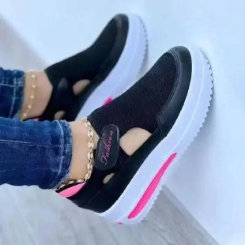 Red Sneakers Women Tennis Canvas Platform - Hollow Out Sport Shoes