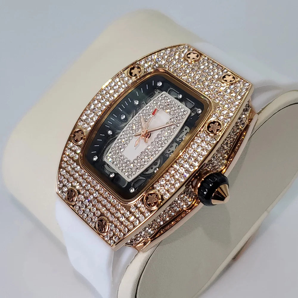 Luxury Diamond Watch For Women Elegant Tonneau Original Design Watches Fashion Ice Out Sport Rubber Strap Waterproof Mille Clock