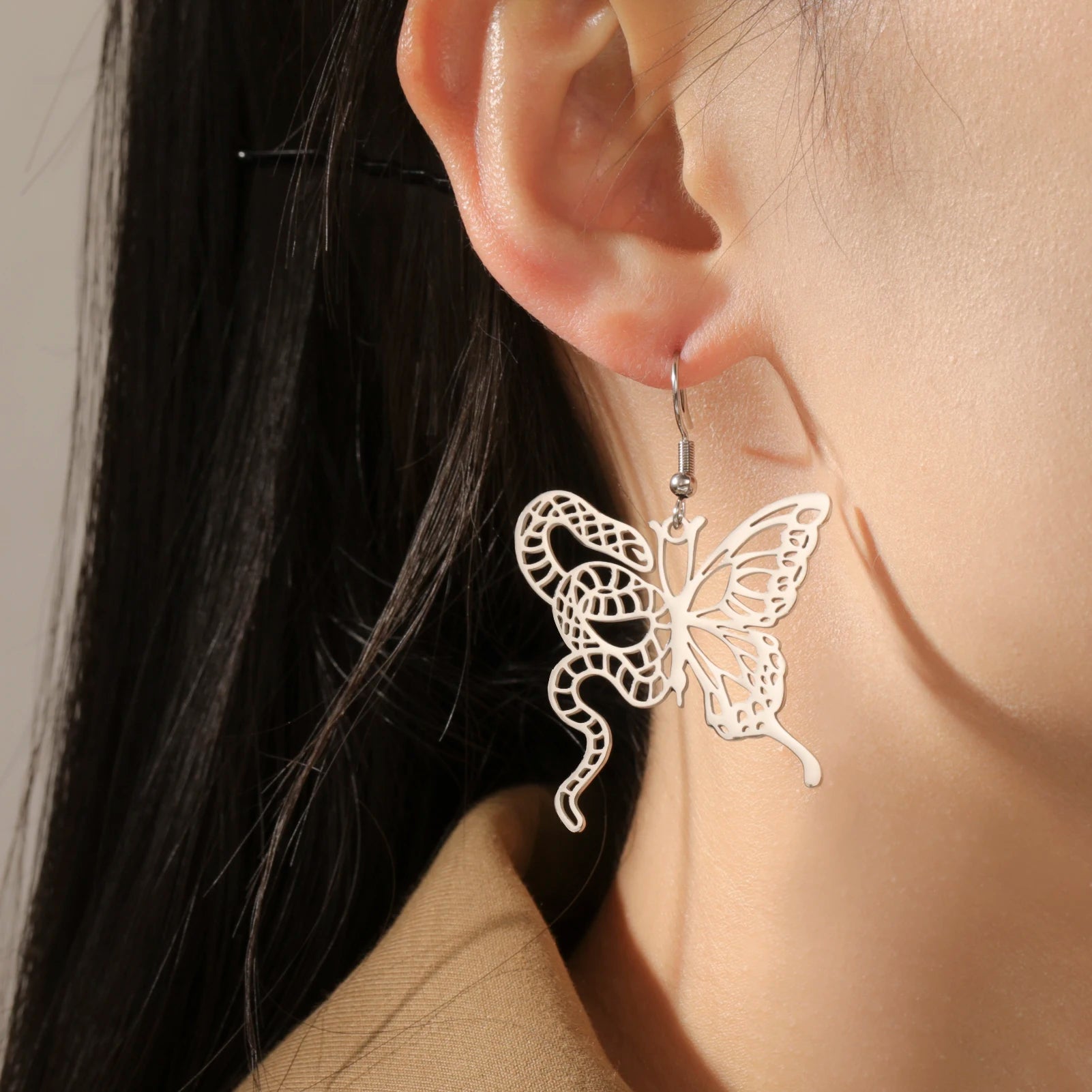 Lucktune Butterfly Snake Drop Earrings Stainless Steel Animals Earrings For Women Fashion Jewelry Woman Accesories Party Gifts