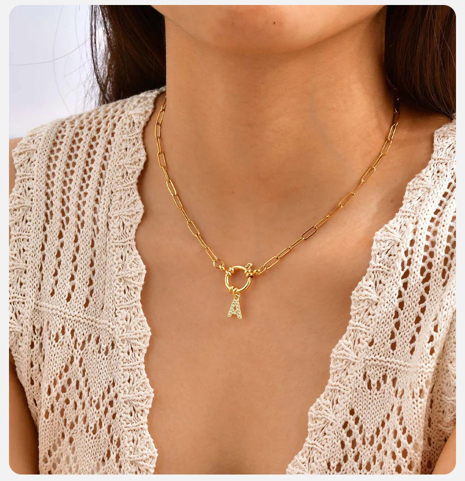 Vnox Women's Trendy Letters Necklaces With CZ Zircon, Stainless Steel 18K Gold Plated Pendant, Fashion Charm A-Z Accessories