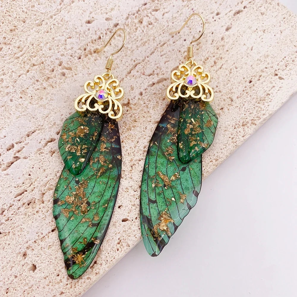 Handmade Fairy Simulation Wing Earrings Insect Butterfly Wing Drop Earrings Foil Rhinestone Earrings Romantic Bridal Jewelry