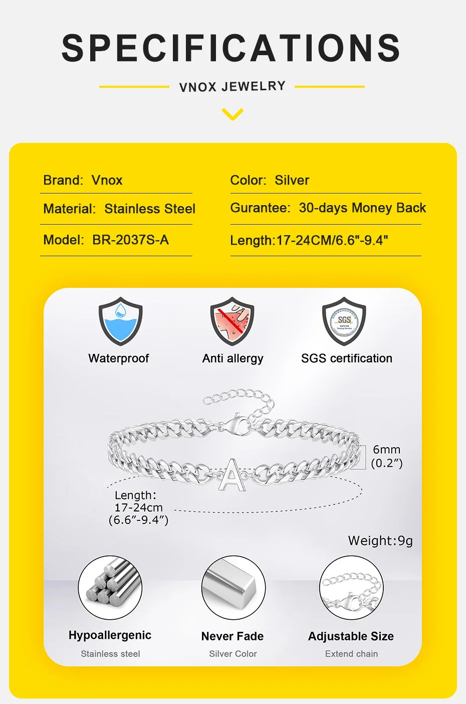 Vnox A-Z Initial Cuban Chain Bracelets for Men Women, Silver Color Stainless Steel Curb Links, Letters Name Charm Bracelet Gift