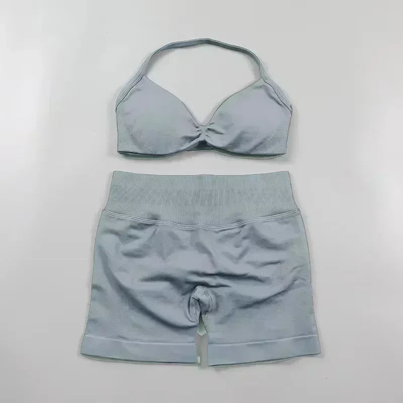 Seamless Sportswear Workout Set Women Two Piece Strappy Yoga Bra Top Scrunch Shorts Gym Clothes