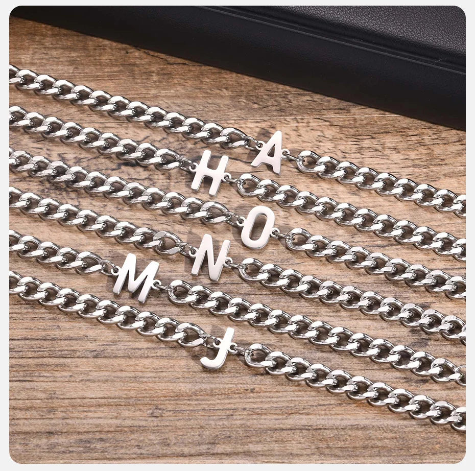 Vnox A-Z Initial Cuban Chain Bracelets for Men Women, Silver Color Stainless Steel Curb Links, Letters Name Charm Bracelet Gift