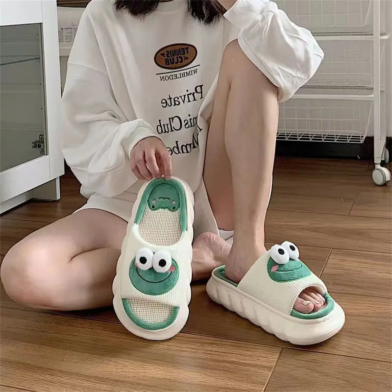 Women's Cartoon Frog Linen Slippers - Soft Thick Sole Anti-Slip Home Shoes