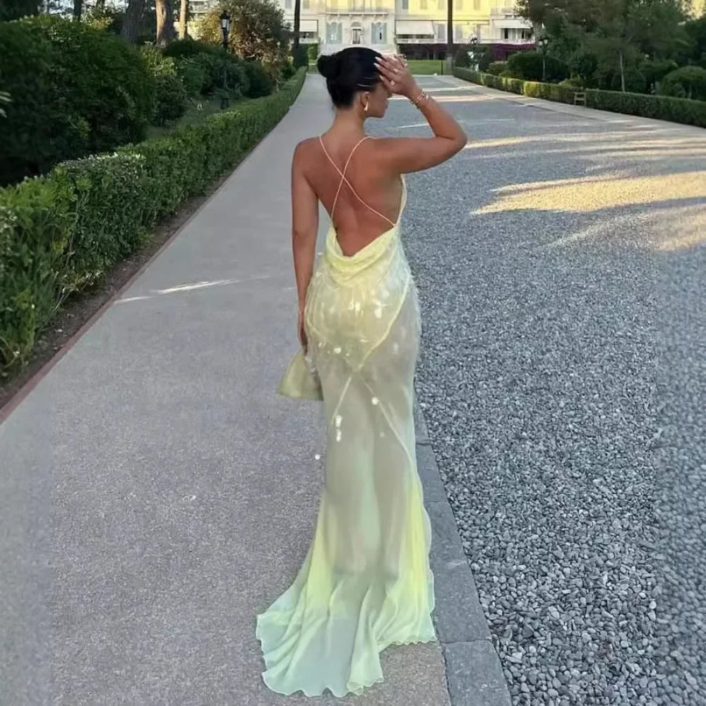 Yellow Sequins Maxi Beach Dress Women Sexy Backless Slim Party Fishtail Dresses Summer Mesh Patchwork Sheer Holiday Dress 2024