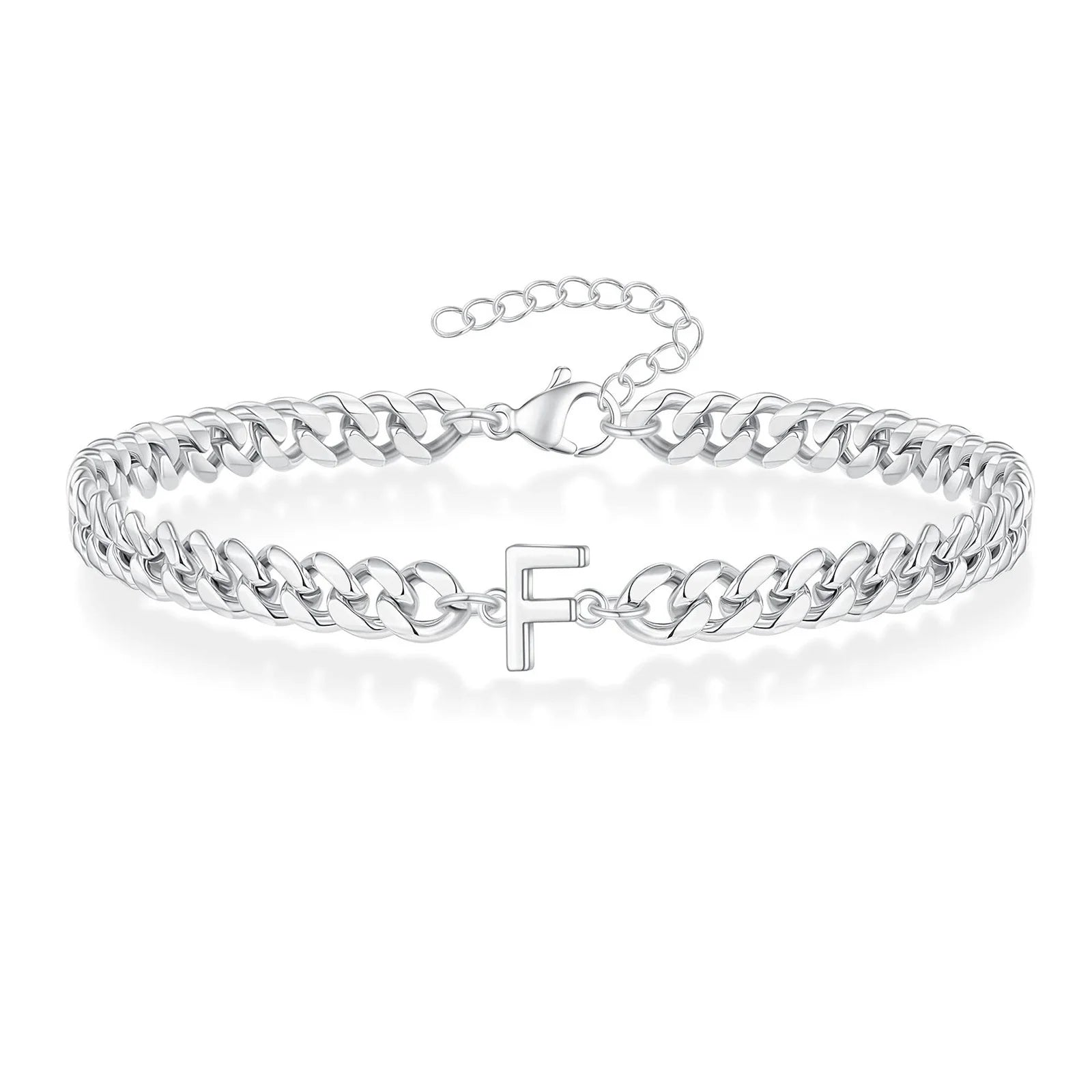 Vnox A-Z Initial Cuban Chain Bracelets for Men Women, Silver Color Stainless Steel Curb Links, Letters Name Charm Bracelet Gift
