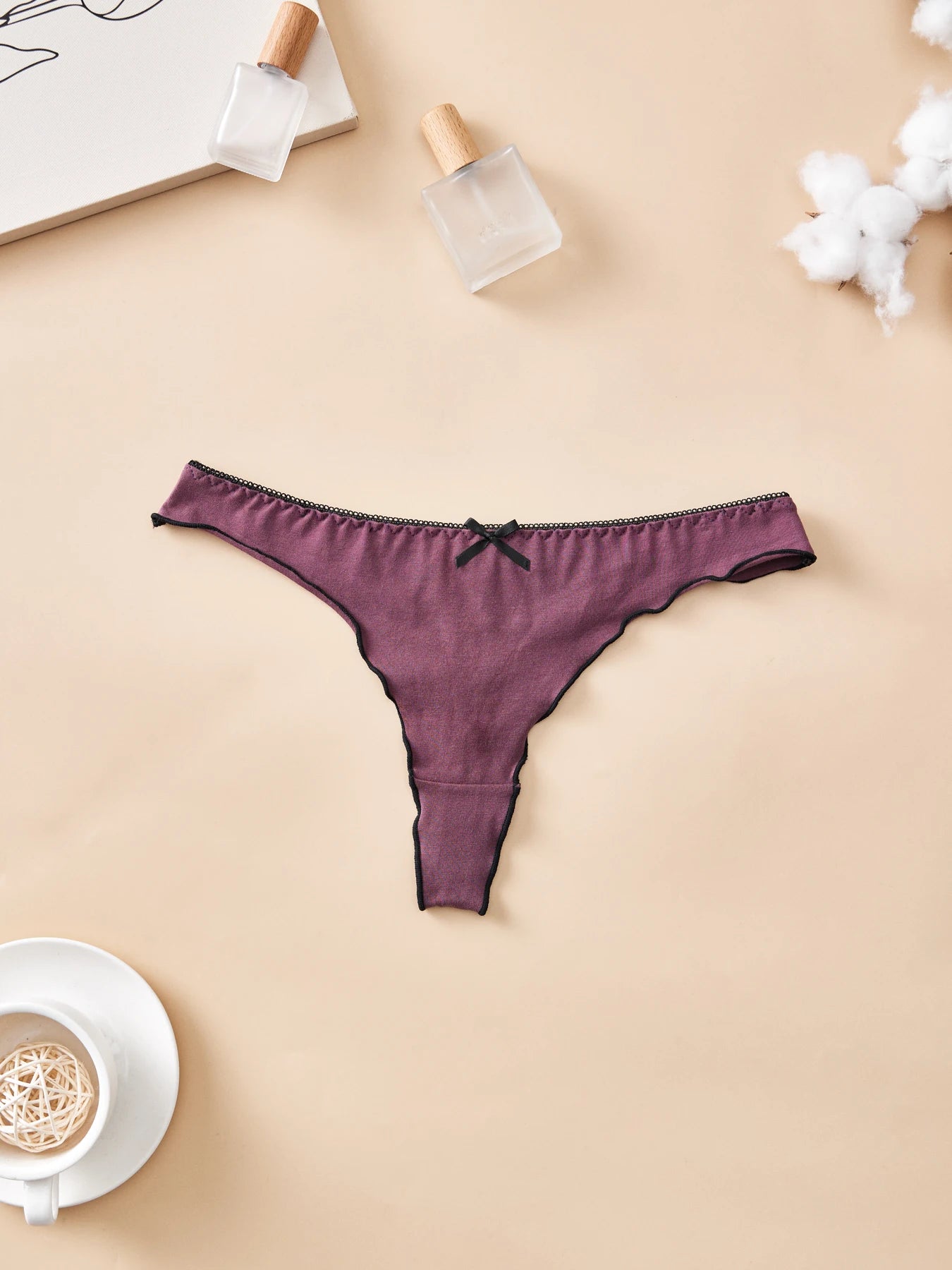 4pcs women's cotton solid color thong sexy comfortable women's underwear daily breathable T-back knitted bow cute girl low-waist