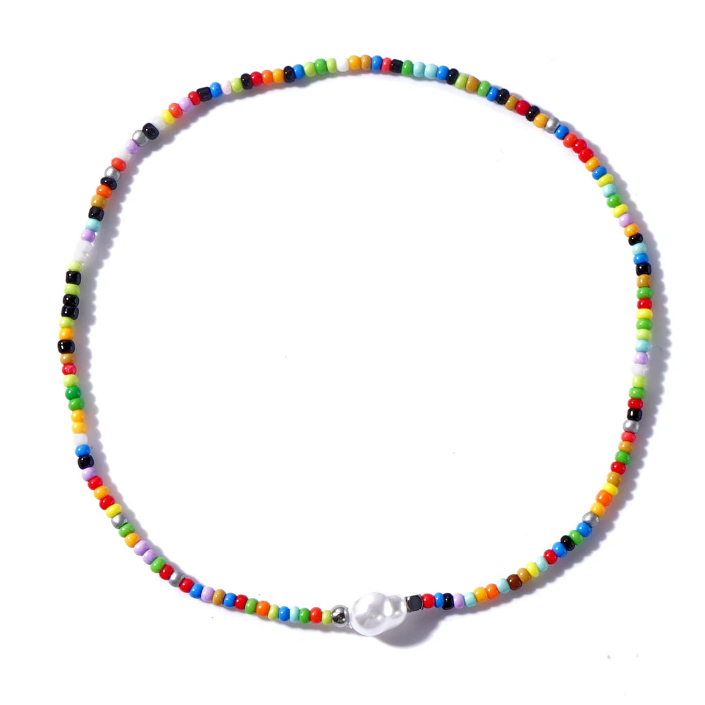 1pc Summer Bohemian style special-shaped natural pearl colorful mixed color beaded anklet