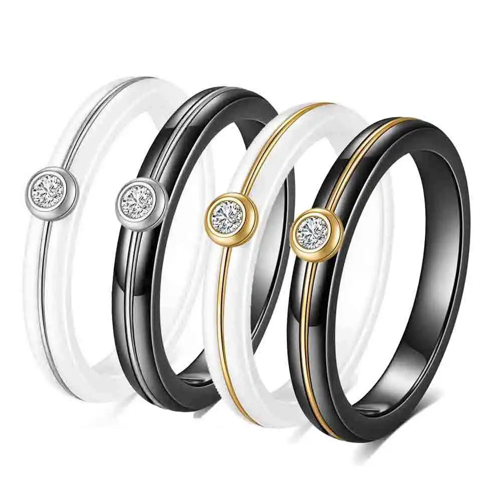 HNSP 4MM luxury Zircon Ceramic Black White Ring For Women Finger Jewelry Accessories
