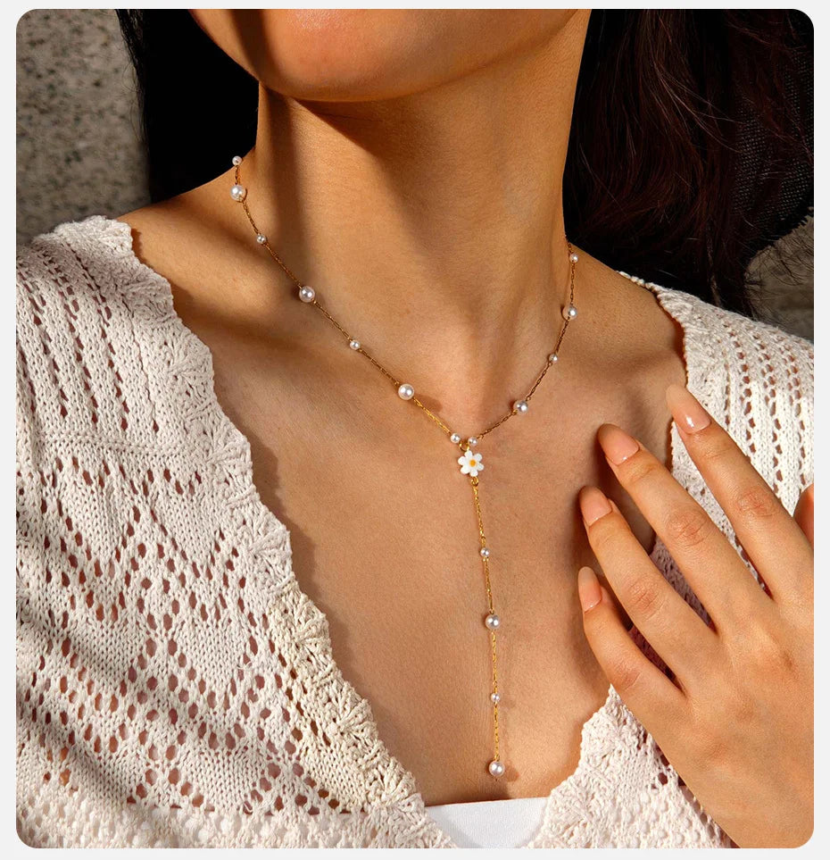 Vnox Flower Pearls Long Chain Drop Necklace For Women, Stainless Steel Waterproof Layered Jewelry, Light Luxury Collarbone Chain