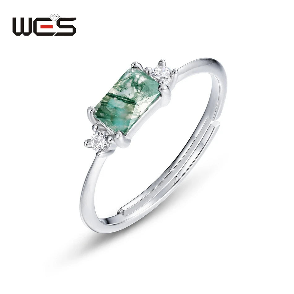 WES 925 Sterling Silver Open Ring for Woman Classic Unique Green Moss Agate Crystal Ring Engagement Gift Wholesale Oval Cut
