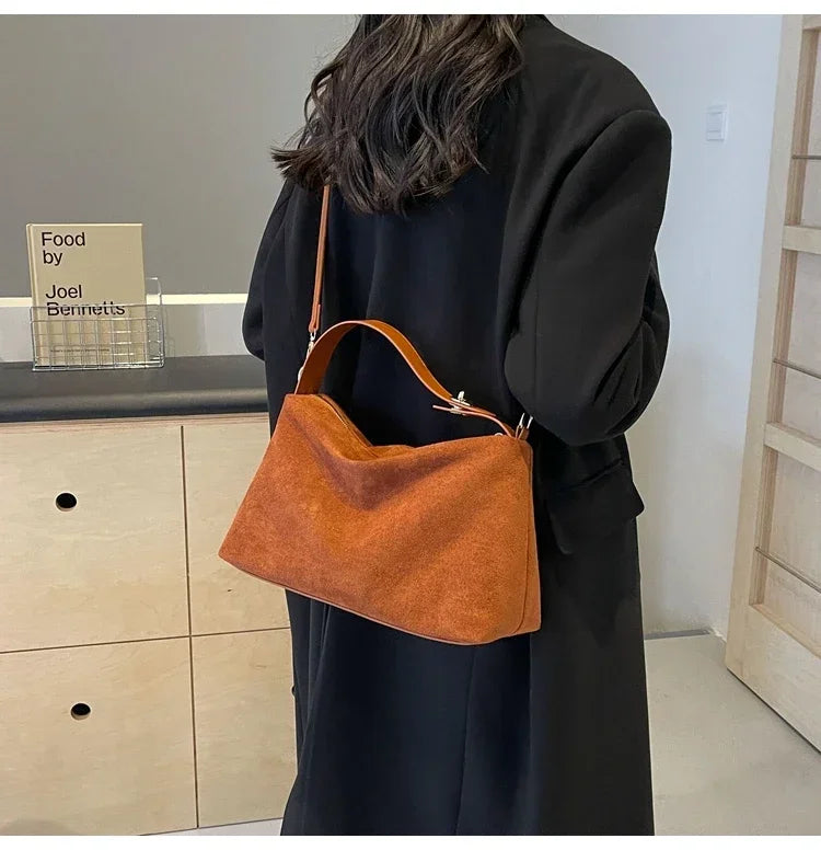 New Solid Color PU Zipper Women's Bag Suede Large Capacity Women's Shoulder Bag Fashion Versatile Casual Dual Purpose Handbag