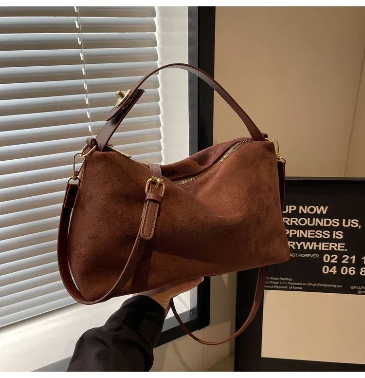 New Solid Color PU Zipper Women's Bag Suede Large Capacity Women's Shoulder Bag Fashion Versatile Casual Dual Purpose Handbag