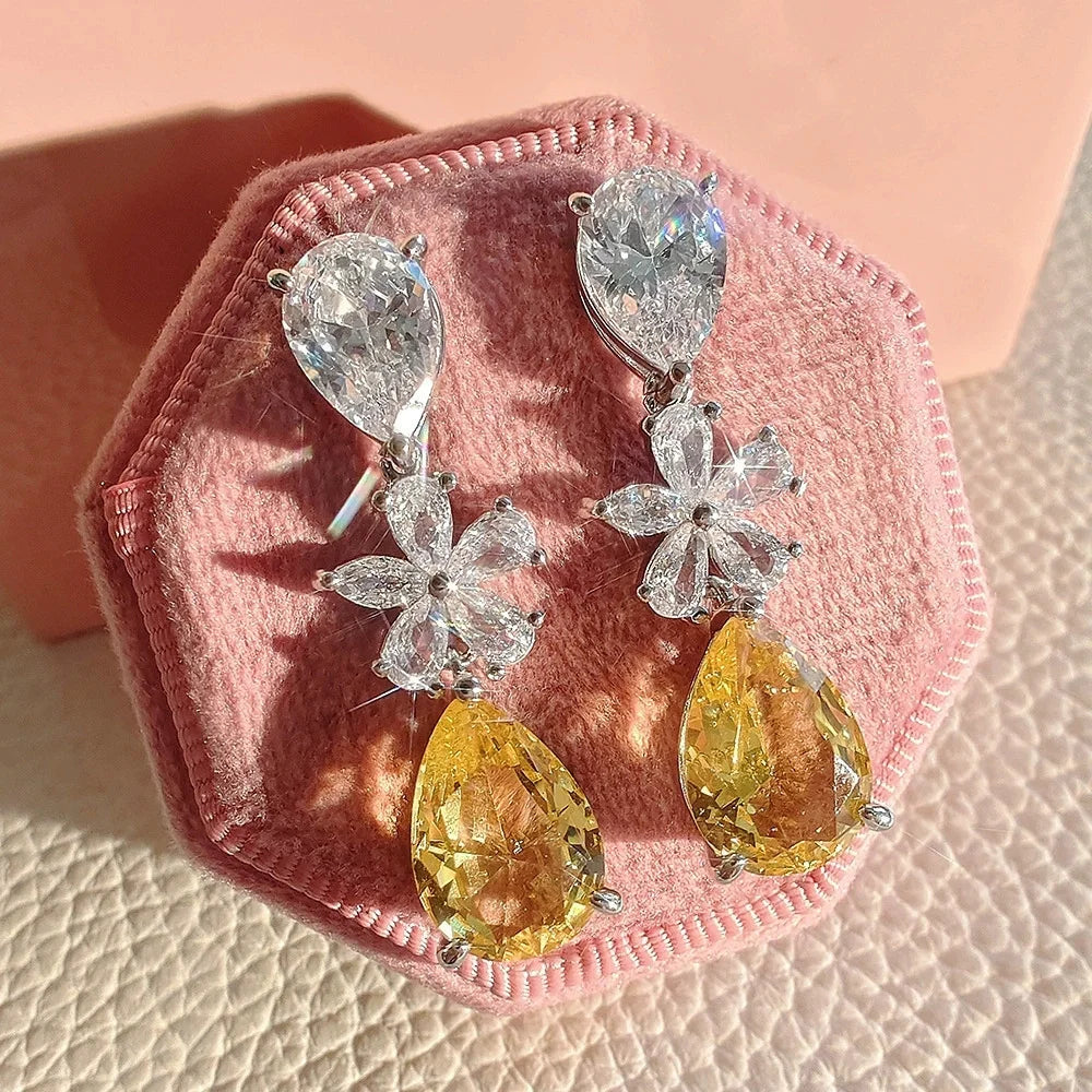 Female White Yellow Zircon Stone Flower Water Drop Earrings Cute Trendy Bridal Silver Color Dangle Wedding Jewelry For Women