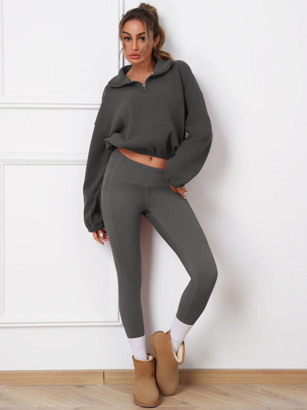 2PCS Thermal Yoga Set Fleece Fintness Suit Women's Sports Set  Fleece Pullover Sweatshirt with Non-fleece-lined  Leggings