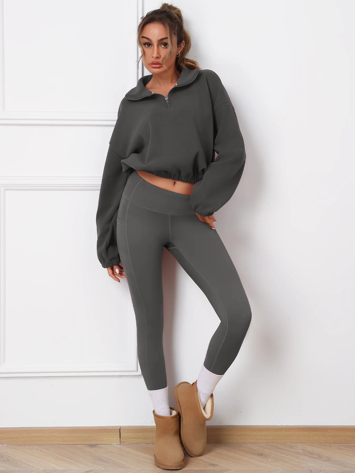 2PCS Thermal Yoga Set Fleece Fintness Suit Women's Sports Set  Fleece Pullover Sweatshirt with Non-fleece-lined  Leggings
