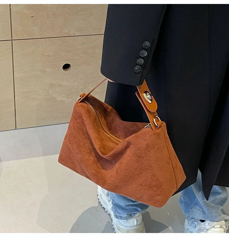 New Solid Color PU Zipper Women's Bag Suede Large Capacity Women's Shoulder Bag Fashion Versatile Casual Dual Purpose Handbag