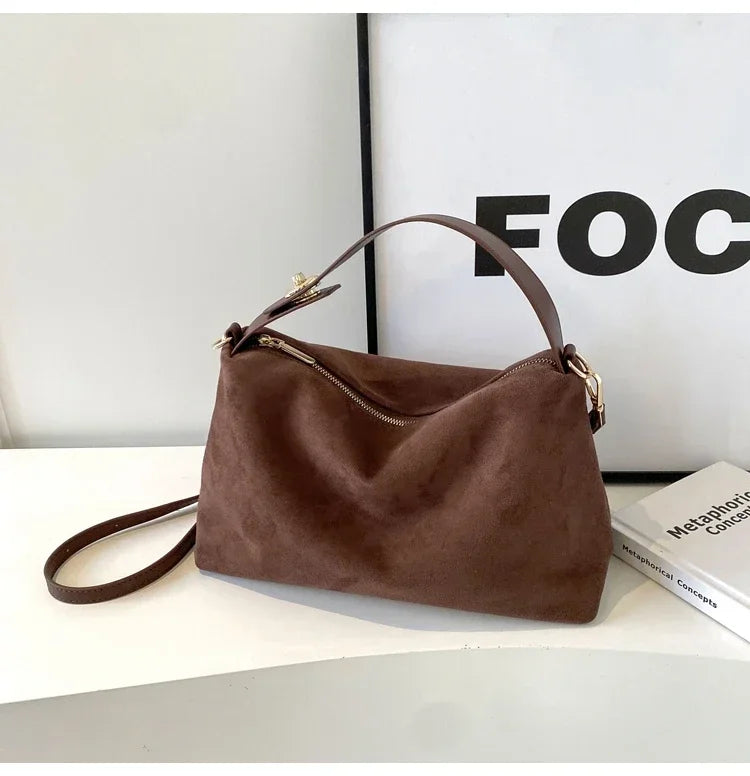 New Solid Color PU Zipper Women's Bag Suede Large Capacity Women's Shoulder Bag Fashion Versatile Casual Dual Purpose Handbag