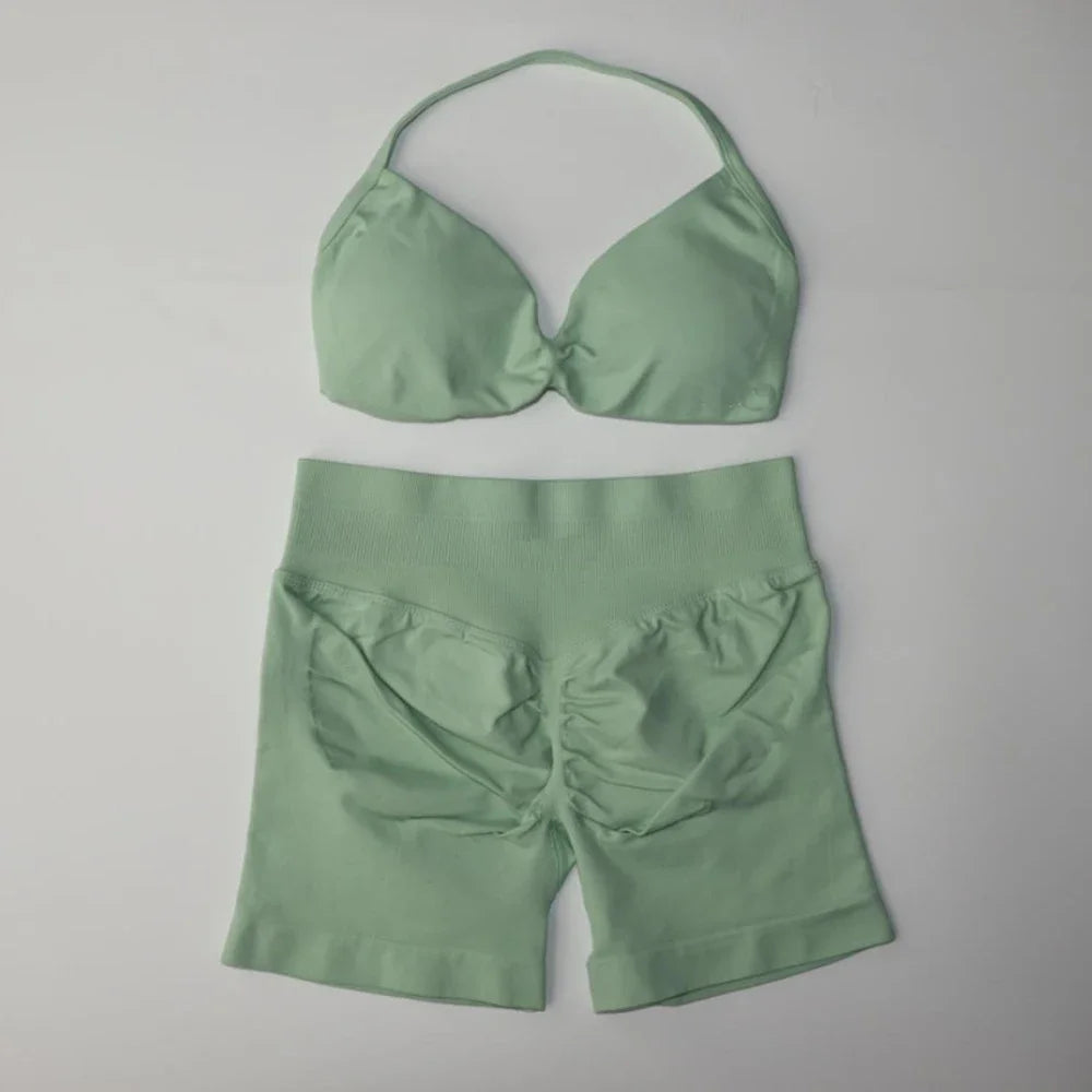 Seamless Sportswear Workout Set Women Two Piece Strappy Yoga Bra Top Scrunch Shorts Gym Clothes