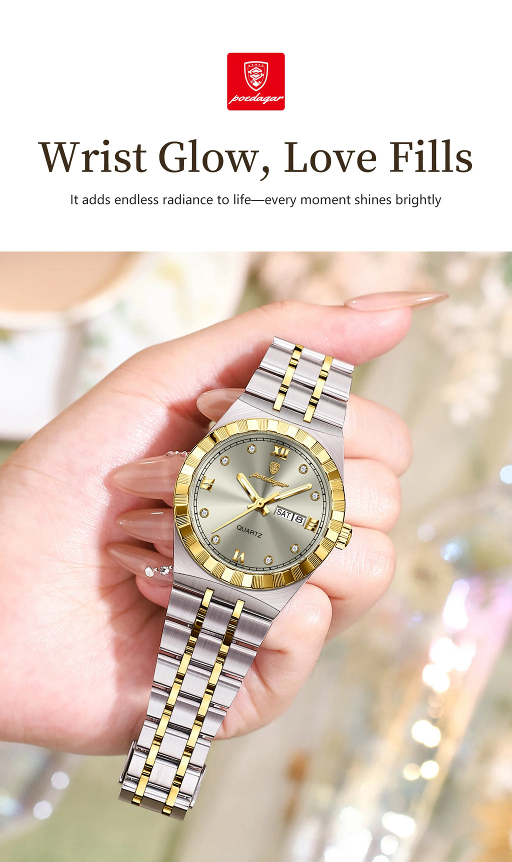 POEDAGAR Luxury Ladies Watch - Luminous Waterproof Week Date Stainless