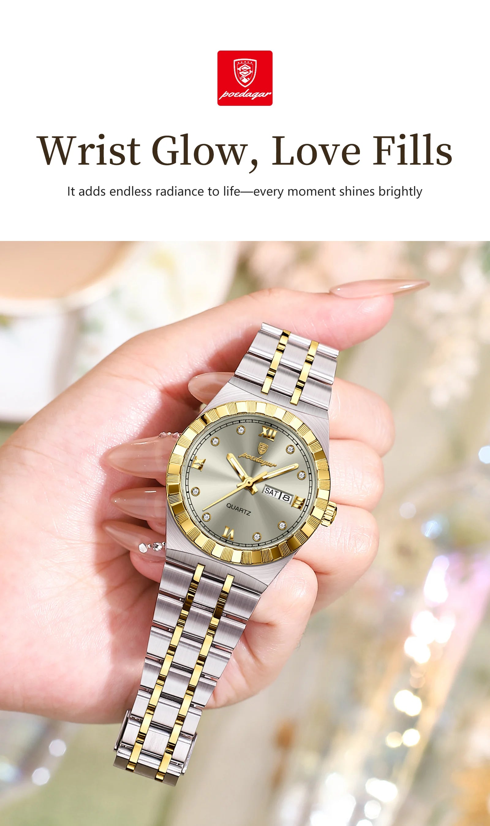 POEDAGAR Luxury Ladies Watch - Luminous Waterproof Week Date Stainless
