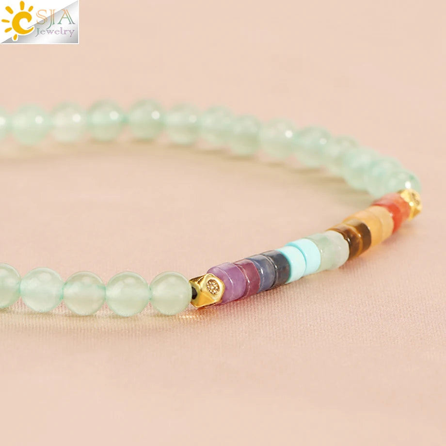 CSJA Natural Stone Bracelet Healing 7 Chakra Crystal Bracelet  Black Obsidian Tiger Eye 4mm Mini Beaded Bangle Luck Jewelry H393