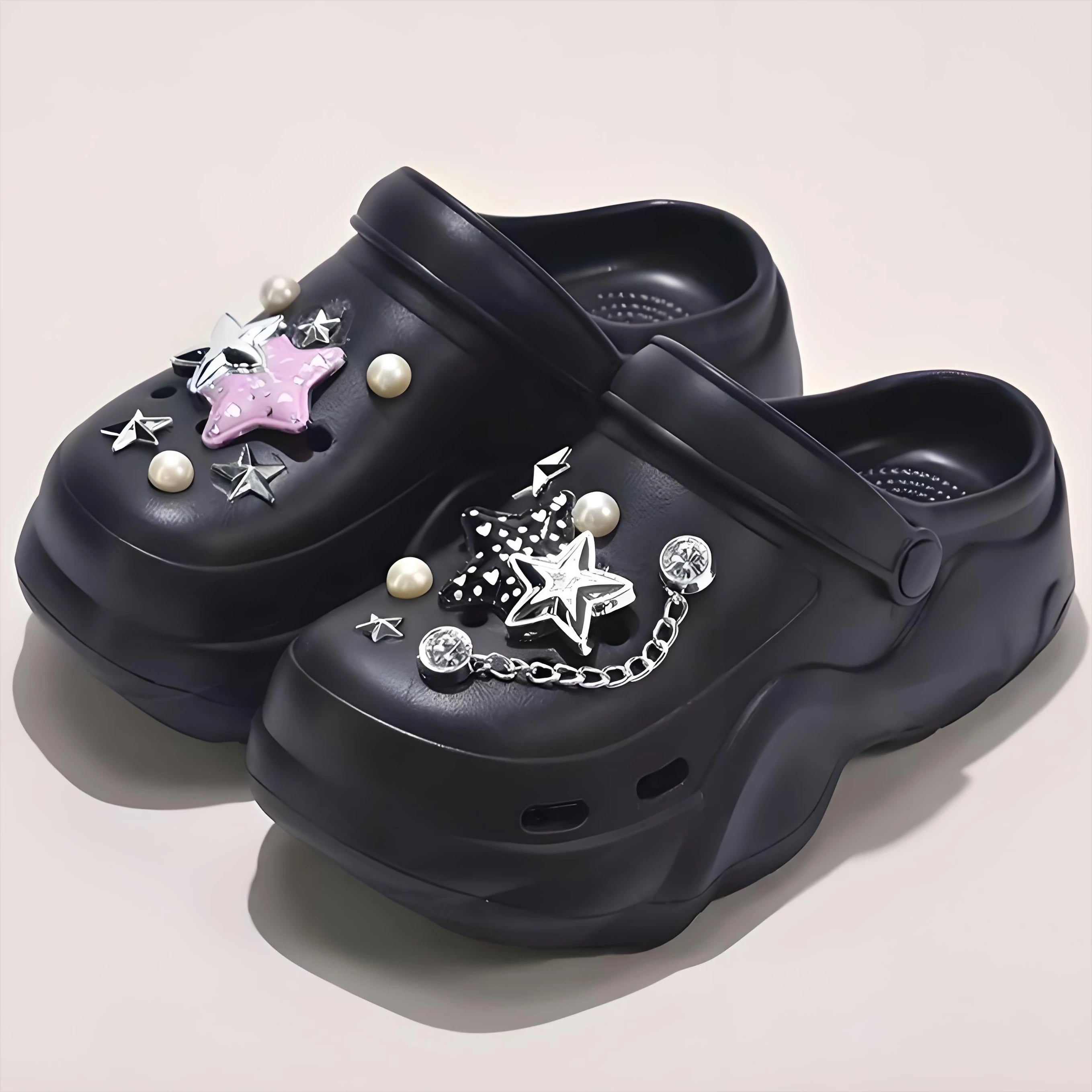 Women DIY Silver Chains Fashion Bear Decor Clogs Summer Sping Autumn Beach Sandals Cave Hole Garden Shoes For Students Girls New