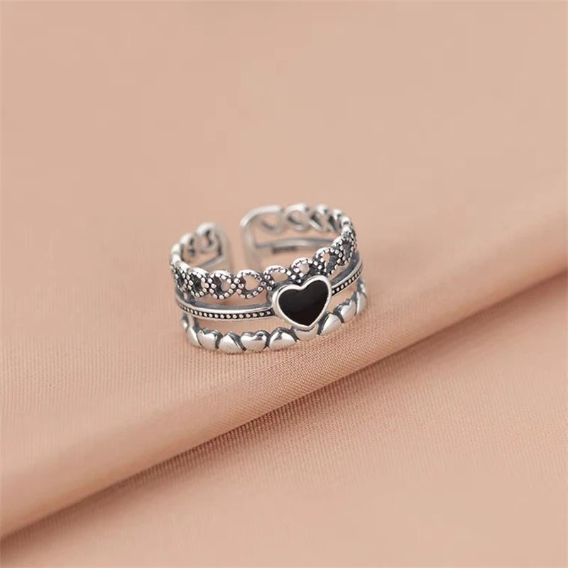 Retro Carved Three Layer Heart Ring - Adjustable Open Band for Men Women