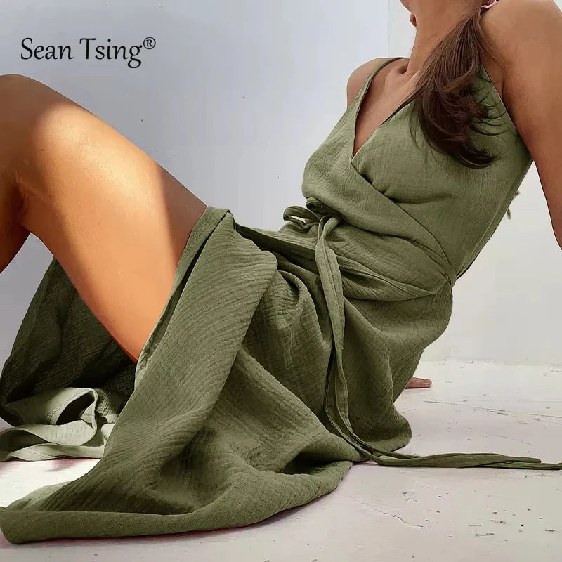 100% Cotton Gauze Elegant Dresses For Women SummerSexy Adjustable Strap Sleeveless Open Side Bandage Party Dresses Vestido