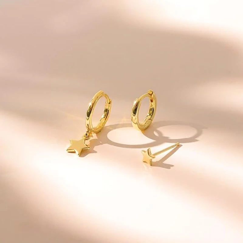 3 Pairs Gold Plated Stainless Steel Stud Earrings Set Heart Moon Star Small Hoop Earrings For Women