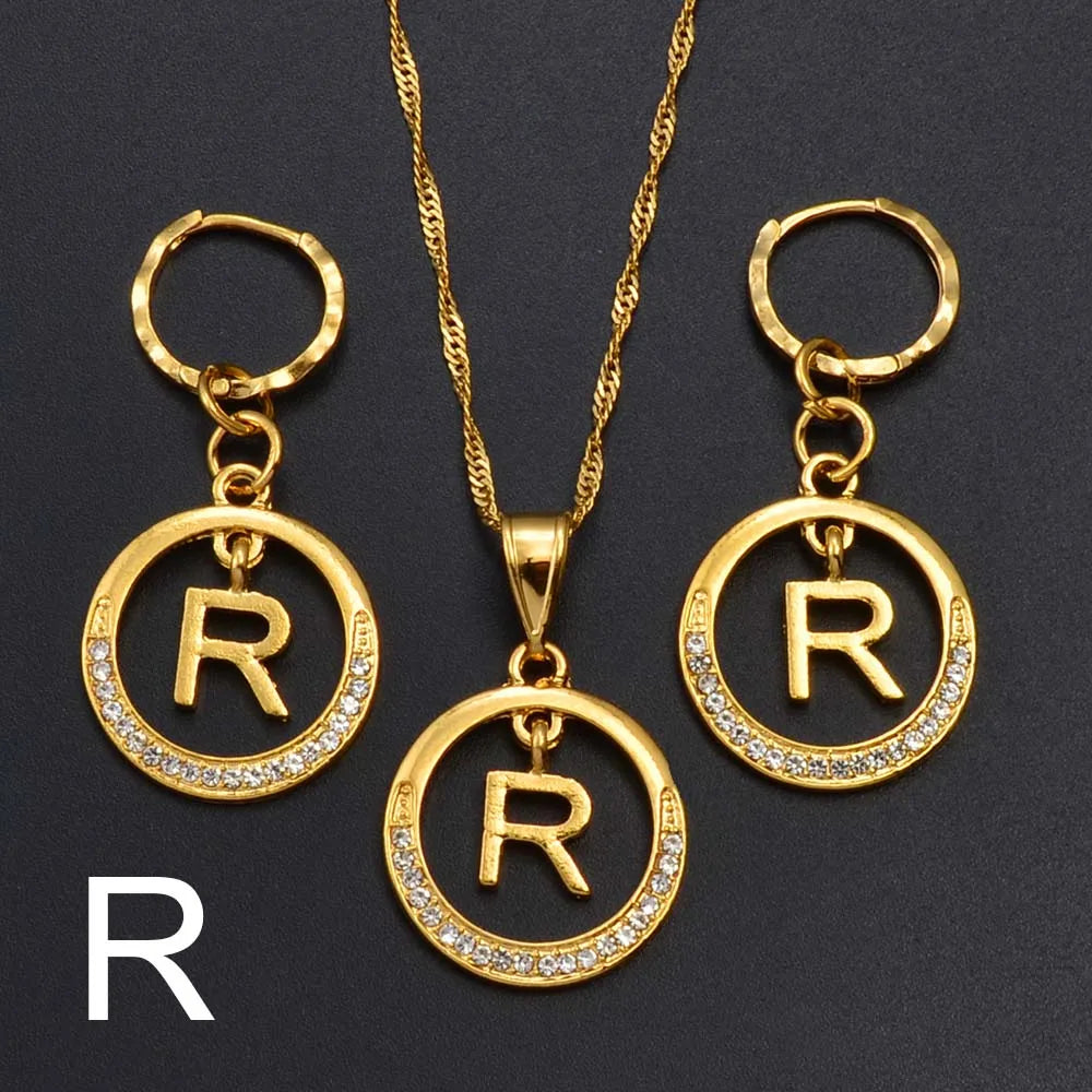 Anniyo A-Z Alphabet set Pendant Necklace and Earring set,Guam, Hawaii,African Initial Jewelry English Letters  #260306