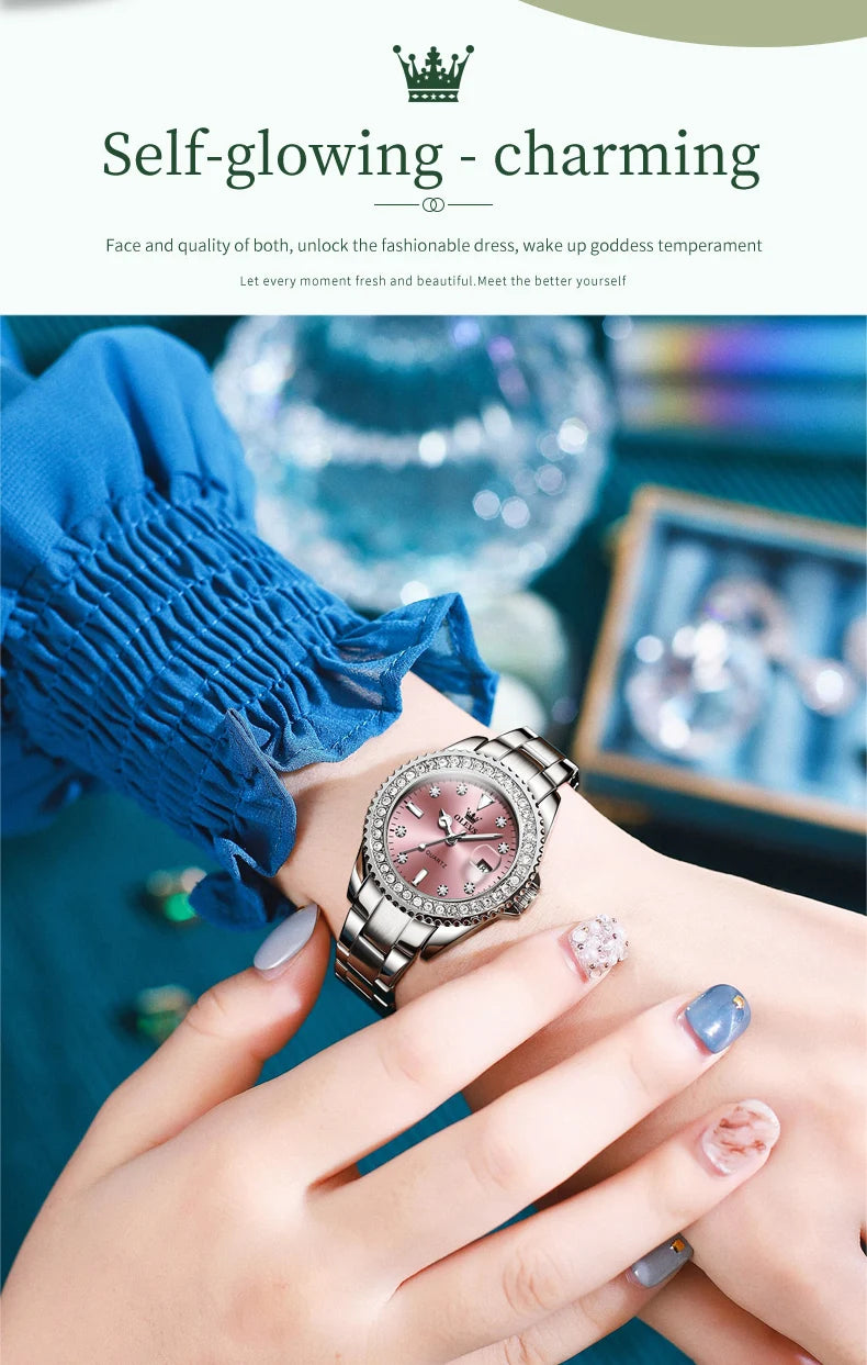 OLEVS 9945 Top Brand Original Quartz Watch for Women Luxury Diamond Lap Calendar Hand Clock Stainless Steel Ladies Wristwatches