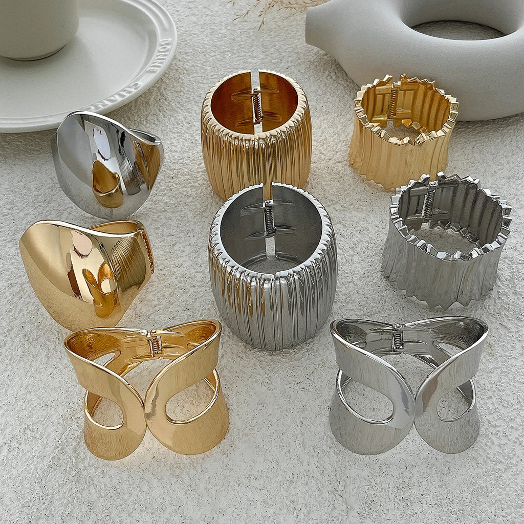 Ingemark 4 Styles Exaggerated Punk Smooth Big Chunky Open Cuff Bangles for Women Gold Color Spring Bracelets Men Hand Jewelry