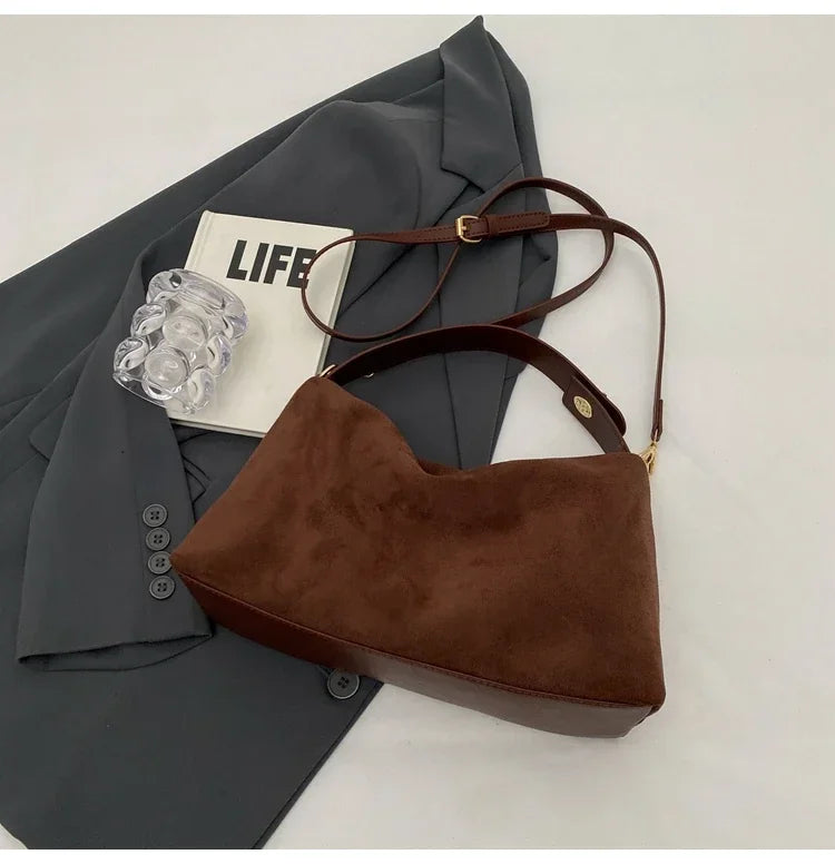 New Solid Color PU Zipper Women's Bag Suede Large Capacity Women's Shoulder Bag Fashion Versatile Casual Dual Purpose Handbag