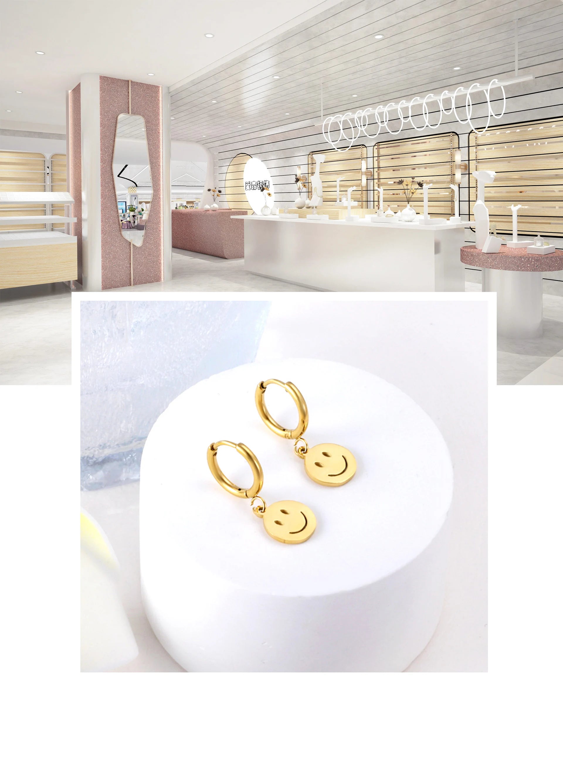 LUXUKISSKIDS Punk Smile Face Gold/Steel Color Drop Earrings Simple Hiphop Round Pendients Fashion Clips For Man/Woman/Girls