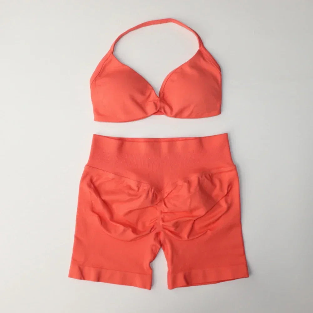 Seamless Sportswear Workout Set Women Two Piece Strappy Yoga Bra Top Scrunch Shorts Gym Clothes