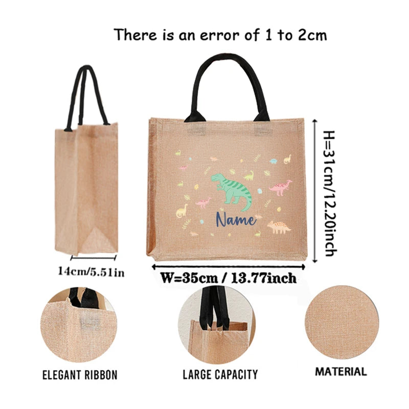 Customizable Name Pastel Dinosaur Vintage Circus Sea Animal Patterns Jute Tote with Hand Shopping Bag for Childrens Friends Gift