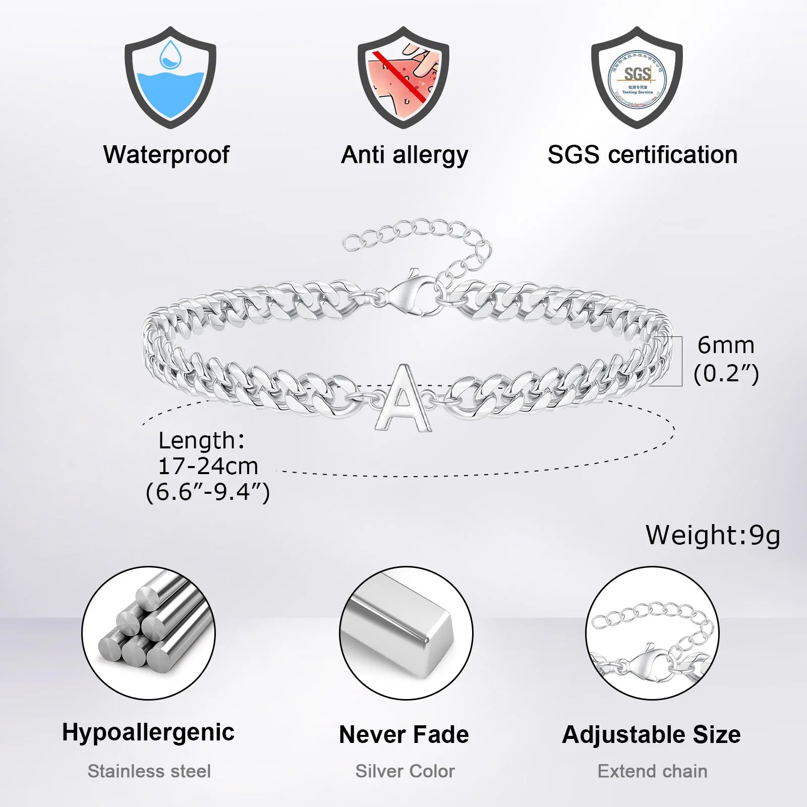 Vnox A-Z Initial Cuban Chain Bracelets for Men Women, Silver Color Stainless Steel Curb Links, Letters Name Charm Bracelet Gift