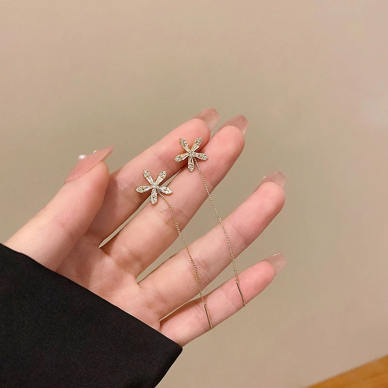 S925 Silver Needle Micro-inlaid Zircon Flower Ear Line Exquisite Light Luxury High Quality Drop Earring Star Jewelry Gifts