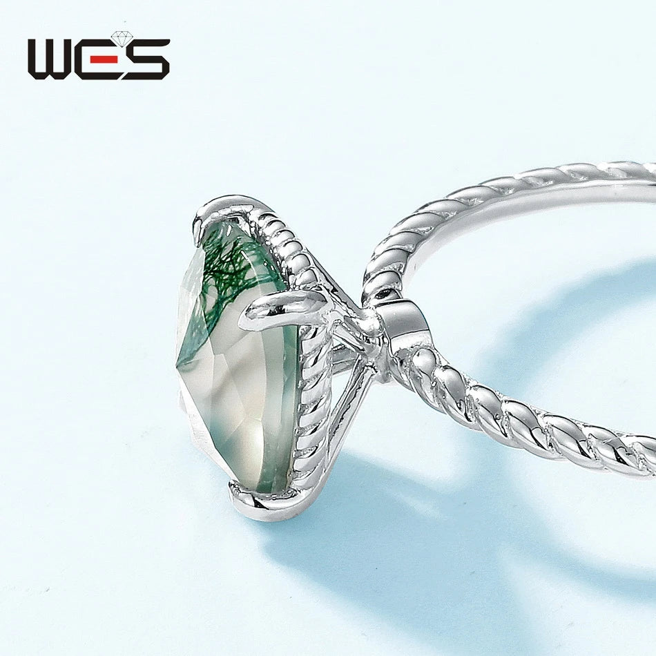 WES 925 Sterling Silver Open Ring for Woman Classic Unique Green Moss Agate Crystal Ring Engagement Gift Wholesale Oval Cut