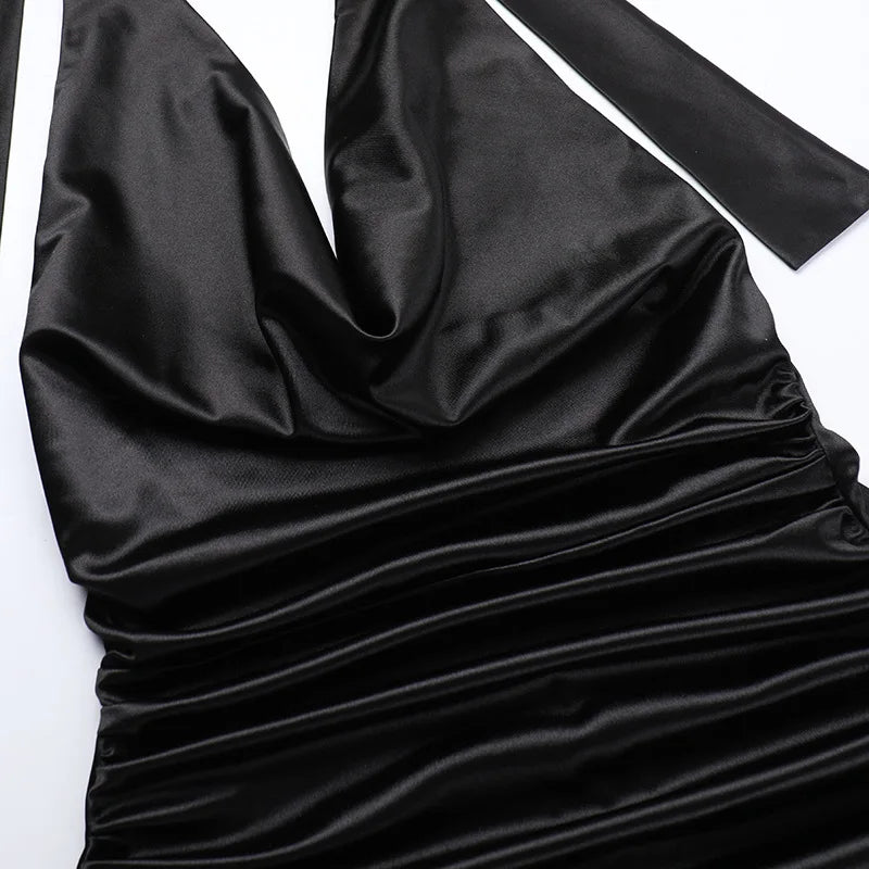 Sexy Satin Halter Dress - Ruched Slit Long Evening Gown