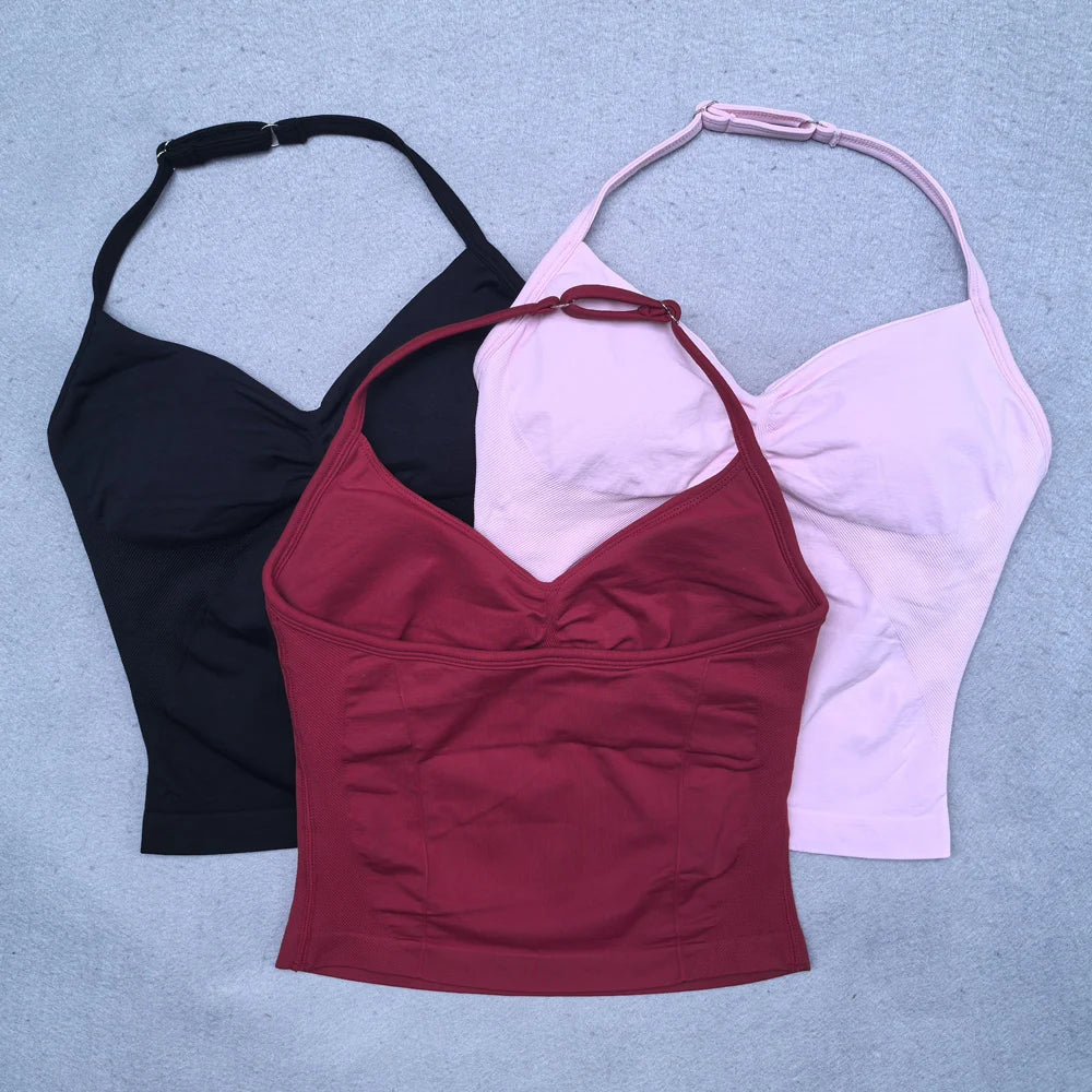 Adjustable Strappy Gym Top - Backless Scrunch Bra with Removable Cups