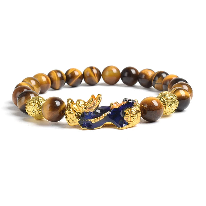 Pi Xiu Tiger Eye Stone Beads Bracelet Feng Shui Yellow Power Stone Women Men Elastic Jewelry Gold Color Pixiu Good Luck Bracelet
